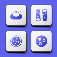 Set Mochi, Guotie, Homemade pie and Sushi icon. White square button. Vector