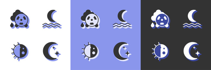 Set Moon and stars, Acid rain radioactive cloud, Day night cycle and Night fog or smoke icon. Vector
