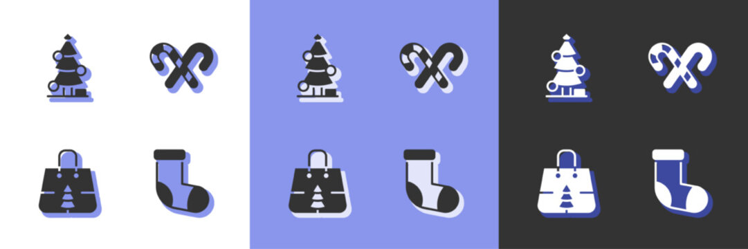 Set Christmas stocking, tree, shopping bag and Candy cane with stripes icon. Vector