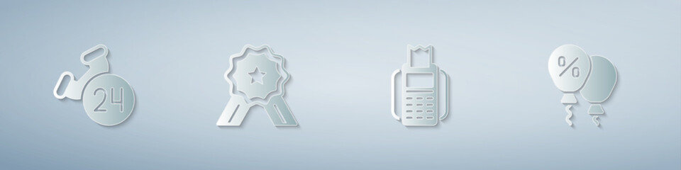 Set Telephone 24 hours support, Stars rating, POS terminal and Discount percent tag. Paper art style. Vector