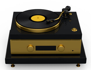 Vinyl record player or DJ turntable with retro vinyl disk on white background.