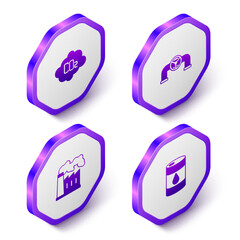 Set Isometric CO2 emissions in cloud, Oil pipe with valve, and gas industrial factory and Barrel oil icon. Purple hexagon button. Vector