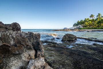 Fototapeta na wymiar beautiful blue sky and beach scenes on secret beach oahu hwaii