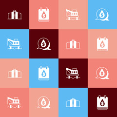 Set pop art Oil tank storage, drop with dollar symbol, platform in the sea and icon. Vector