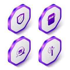 Set Isometric Shield, Welding mask, Blacksmith anvil tool and Medieval axe icon. Purple hexagon button. Vector