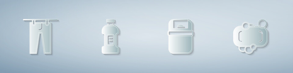 Set Drying clothes, Bottle for detergent, Trash can and Bar of soap. Paper art style. Vector