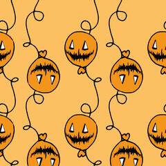 Vector pattern from a balloon for Halloween, a seamless pattern from a doodle-style orange balloon with a sinister jack's face, with a rope spiral located on a white background for a Halloween design 