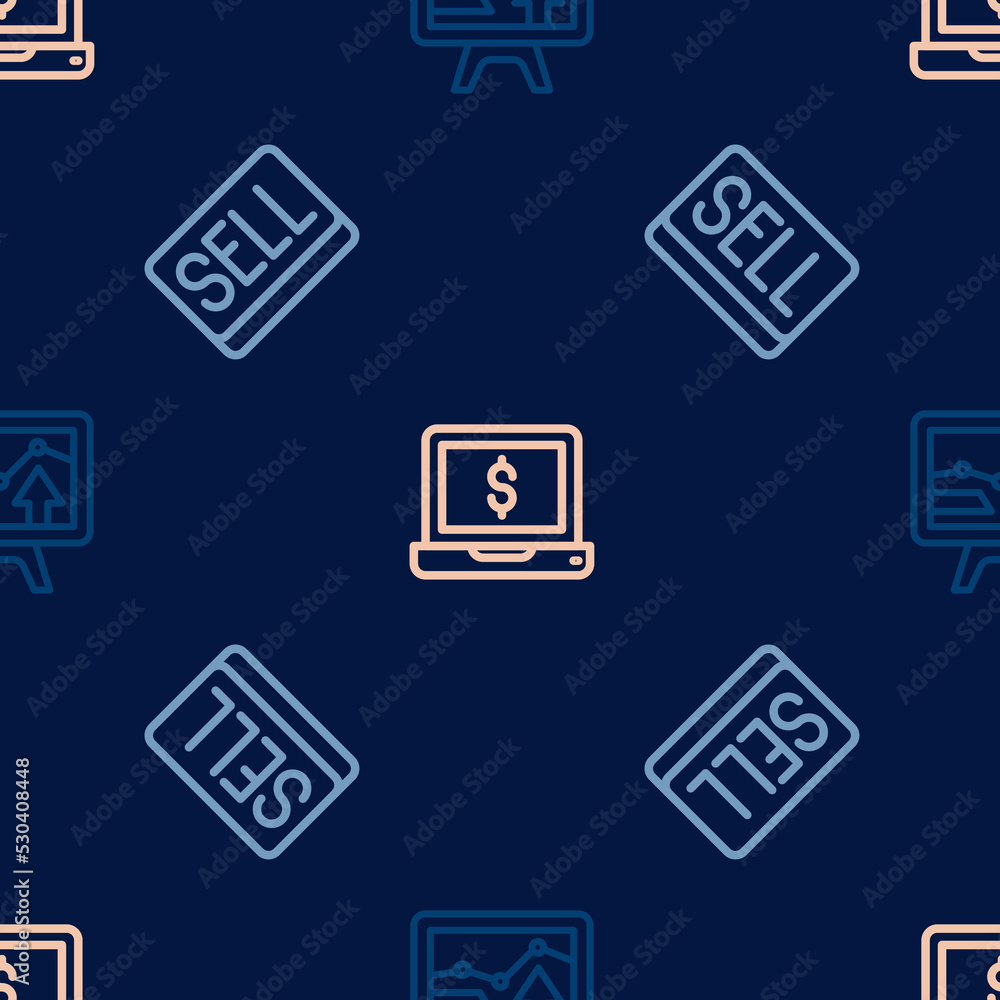 Poster set line monitor with graph chart, sell button and laptop dollar on seamless pattern. vector