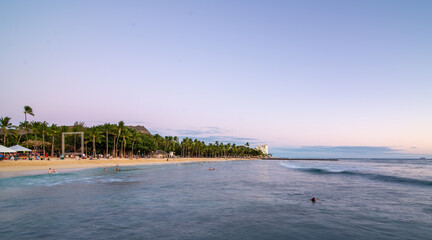 sunset at waikiki beach area in oahu hawaii