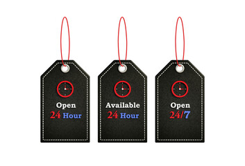 24 hours open,24 7 open labels, available 24-hour badge.all-day open shop text info 3d rendering
