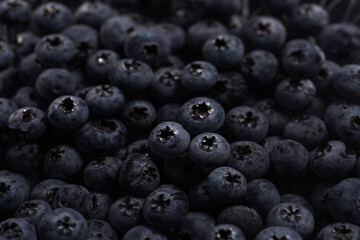 a heap of fresh ripe wet blueberries under water filling the frame, selective focus, top view, background