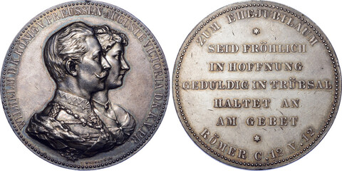 GERMANY PRUSSIA, Wilhelm II, Silver Medal for Golden Wedding, XF - obrazy, fototapety, plakaty