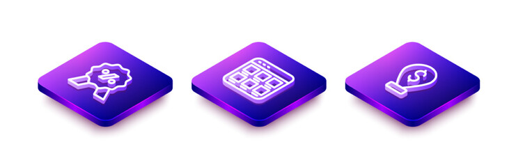 Set Isometric line Discount percent tag, Online shopping on screen and Cash location icon. Vector