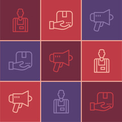 Set line Seller, Megaphone and Delivery hand with box icon. Vector