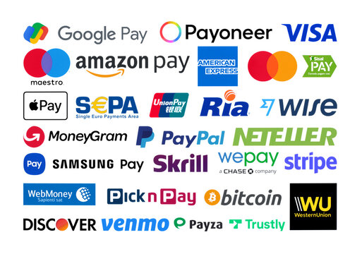 Big Collection of popular payment system logos: American Express, MasterCard, Visa, Maestro and others