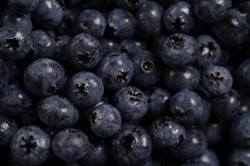 a heap of fresh ripe wet blueberries filling the frame, selective focus, top view, background
