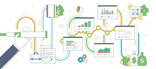 Hand with lunette analyzing investment charts and business icons. Business prediction and vision concept, financial investment, growth, success and earning money. Thin line flat vector illustration.