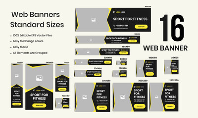 Sport Fitness social media post template, Sport for body fitness gym social media post banner template. Vector editable sports yoga digital marketing web banner design. Modern promotional mockup web b