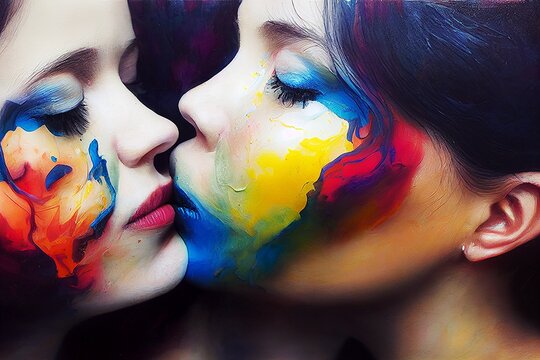 two women kissing, in a romance, render, girlfriends, 3d illustration, oil simulation, person with a painted face