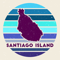 Santiago Island logo. Sign with the map of island and colored stripes, vector illustration. Can be used as insignia, logotype, label, sticker or badge of the Santiago Island.