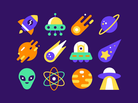 Space icon set with planet, mars, saturn, flying saucer, meteorite, comet, shooting star, alien, ufo, atom, rocket, big bang.