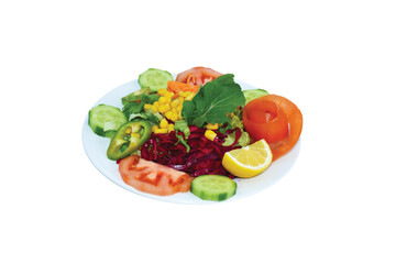 view of salad with pepper, tomato, cucumber, carrot, red cabbage and arugula, lemon, onion