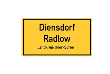 Isolated German city limit sign of Diensdorf Radlow located in Brandenburg