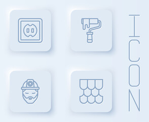 Set line Electrical outlet, Paint roller brush, Builder and Roof tile. White square button. Vector