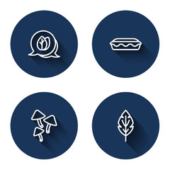 Set line Leaf, Homemade pie, Mushroom and with long shadow. Blue circle button. Vector