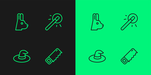 Set line Hand saw, Witch hat, Rabbit with ears and Magic wand icon. Vector