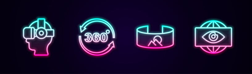 Set line Virtual reality glasses, 360 degree view, and Big brother electronic eye. Glowing neon icon. Vector