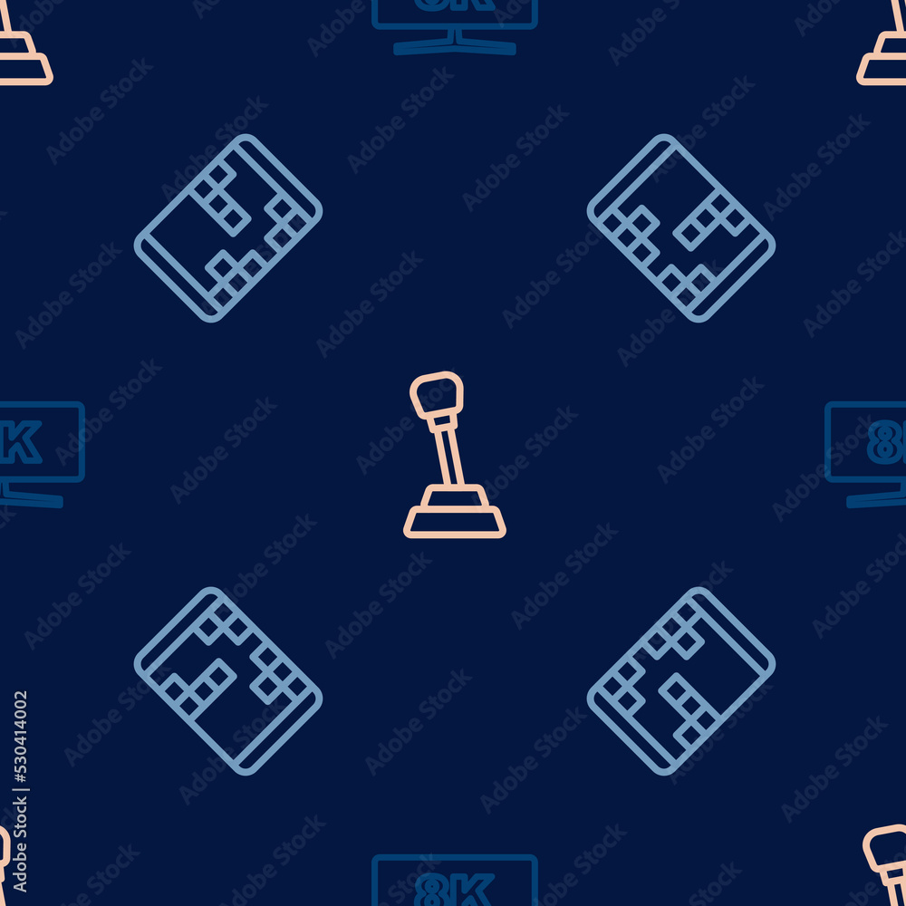 Poster set line computer monitor, portable video game console and gear shifter on seamless pattern. vector