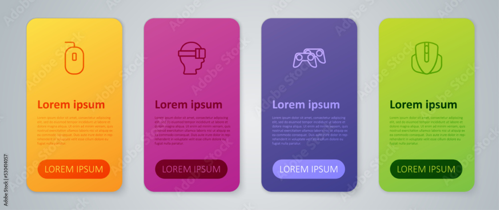 Poster set line game controller or joystick, computer mouse, and virtual reality glasses. business infograp