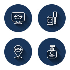Set line Smiling lips, Bottle of nail polish, and Tube hand cream with long shadow. Blue circle button. Vector