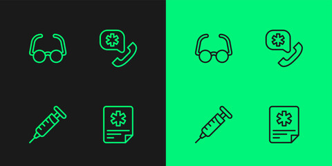 Set line Patient record, Syringe, Glasses and Emergency call 911 icon. Vector
