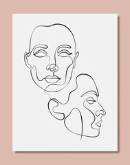 Vector poster with illustration of women’s line art face. Modern one line drawing with pastel colors. Sisterhood and Feminism. Illustration for web and print.