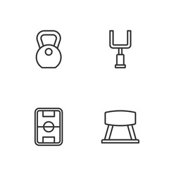 Set line Pommel horse, Football field, Weight and American football goal post icon. Vector