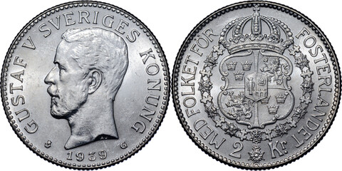 SWEDEN, Gustaf V, 2 Kronor 1939, UNC