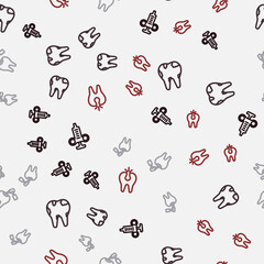 Set line Syringe, Broken tooth, Tooth with caries and drill and on seamless pattern. Vector