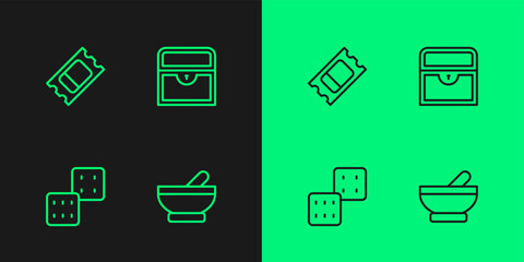 Set line Witch cauldron, Game dice, Circus ticket and Antique treasure chest icon. Vector