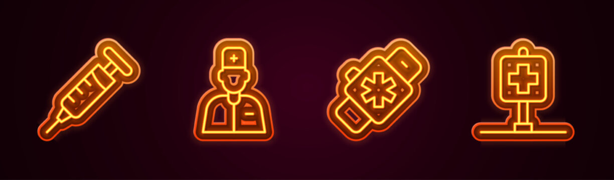 Set line Syringe, Male doctor, Smart watch with heart and Location hospital. Glowing neon icon. Vector