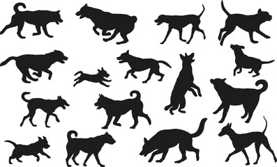 Group of dogs various breed. Black dog silhouette. Running, standing, walking, jumping, sniffing dogs. Isolated on a white background. Pet animals. - obrazy, fototapety, plakaty