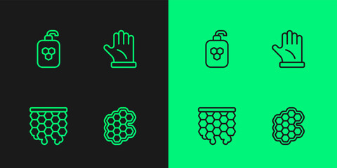 Set line Honeycomb, Cosmetic tube with honey and Beekeeper glove icon. Vector