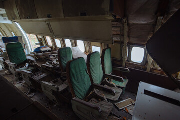 Inside wrecked broken passenger airplane