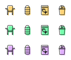 Set line Served fish on plate, Camping folding chair, Fishing net and bucket with icon. Vector