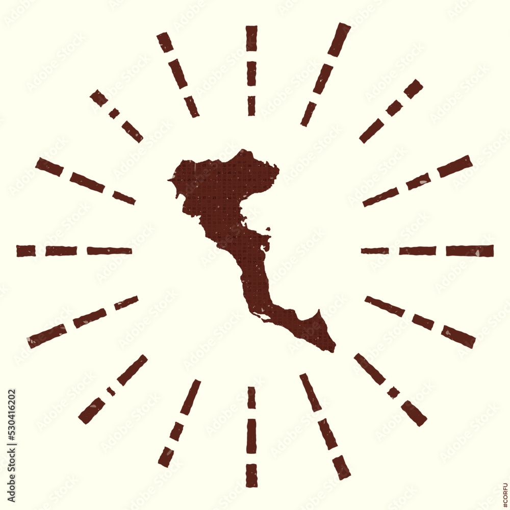 Poster Corfu Logo. Grunge sunburst poster with a map of the island. The shape of Corfu is filled with hex digits and surrounded by sunburst rays. Captivating vector illustration.