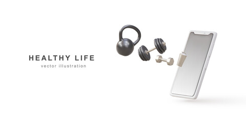 3d set of mobile phone and sport equipment. Realistic fitness inventory, gym accessories. Dumbbell, fitness tracker and bottle. Healthy lifestyle concept. Vector illustration.