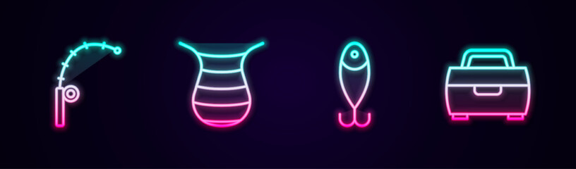 Fototapeta na wymiar Set line Fishing rod, net, lure and Case or box for fishing equipment. Glowing neon icon. Vector