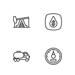 Set line Motor gas gauge, Tanker truck, Oil pump pump jack and drop with dollar symbol icon. Vector