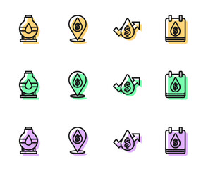 Set line Oil price increase, tank storage, drop with dollar symbol and icon. Vector